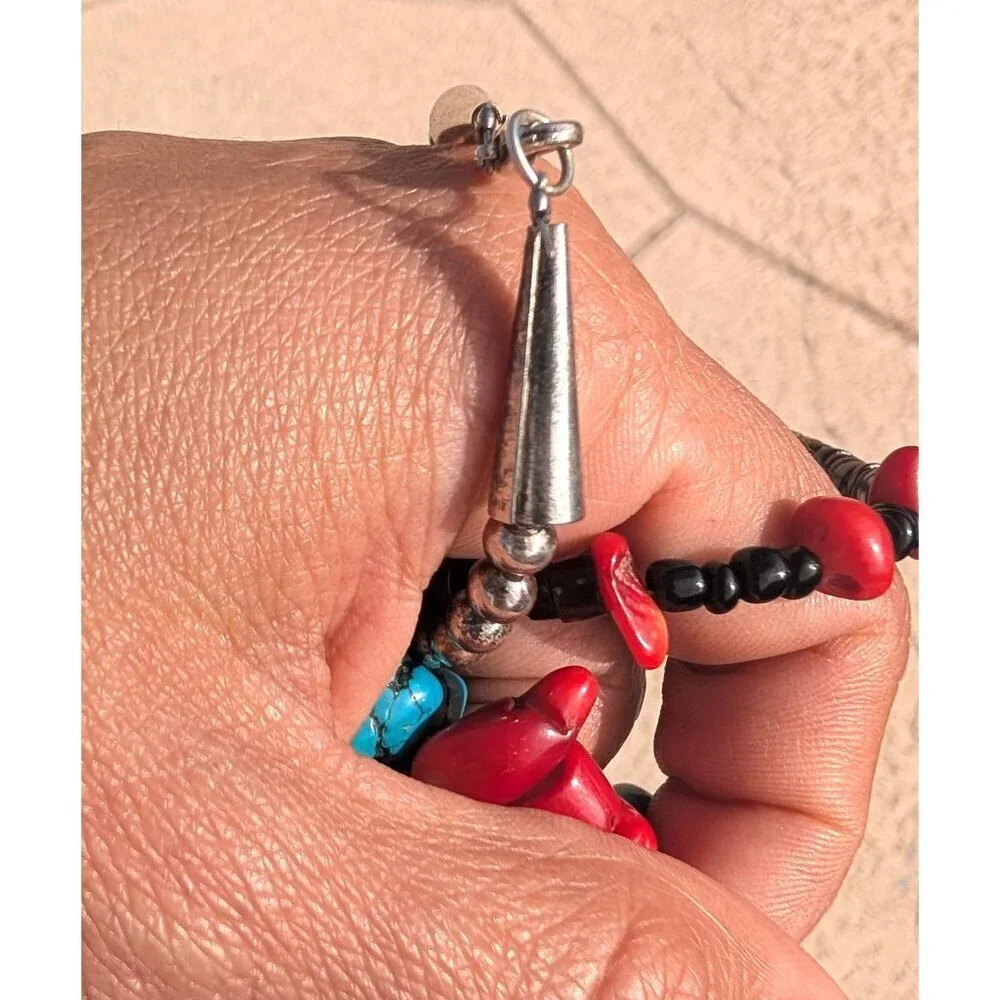 Vtg Turquoise & Red Coral Necklace Native American Style Silver Tone Handmade